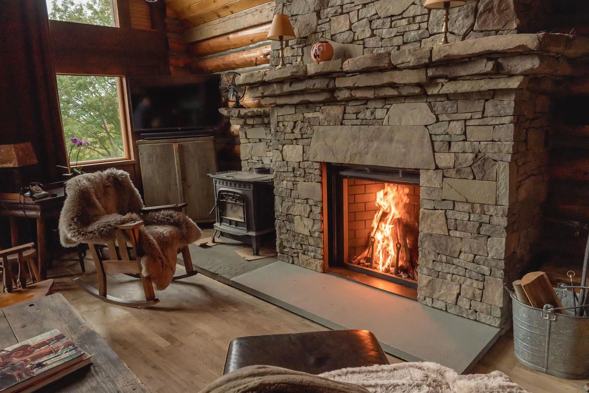 chair in front of fireplace